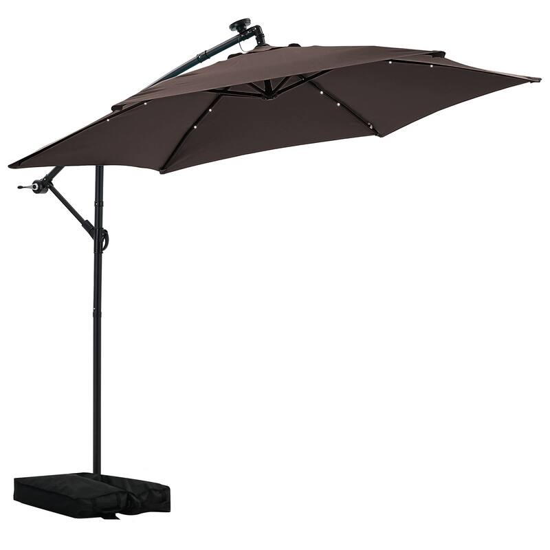 Autlaycil 10ft Offset Hanging Market Patio Umbrella With Base&Solar Lights - Coffee