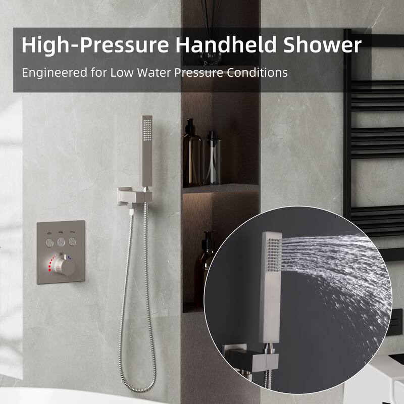Modland 3-function Square Thermostatic Rainfall Shower System with High-pressure Handheld Shower, Black/Nickel/Chrome