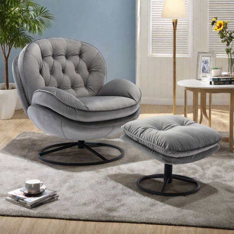Velvet Swivel Accent Chair 360° Rotating Lounge Chair with Ottoman and Metal Legs