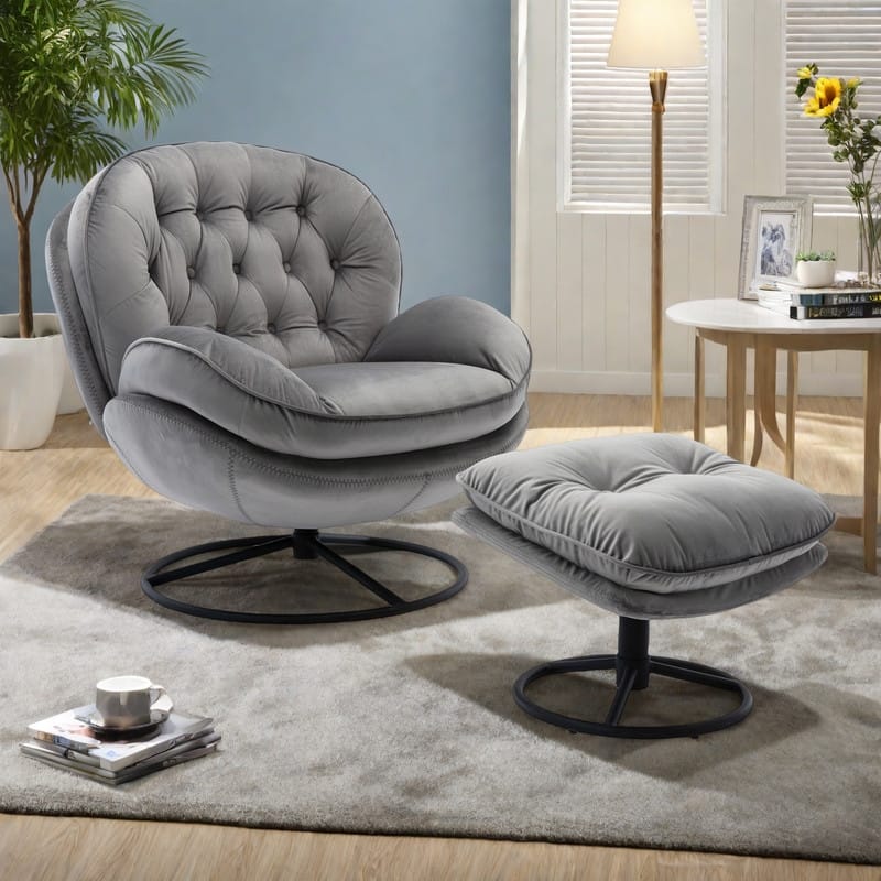Velvet Swivel Accent Chair 360° Rotating Lounge Chair with Ottoman and Metal Legs