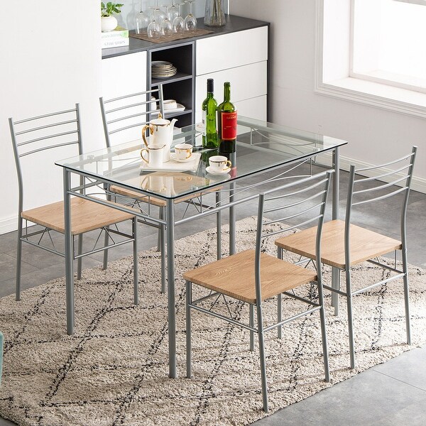 Modern Iron Glass Dining Table Set with 4 Chairs Set of 5 Bed
