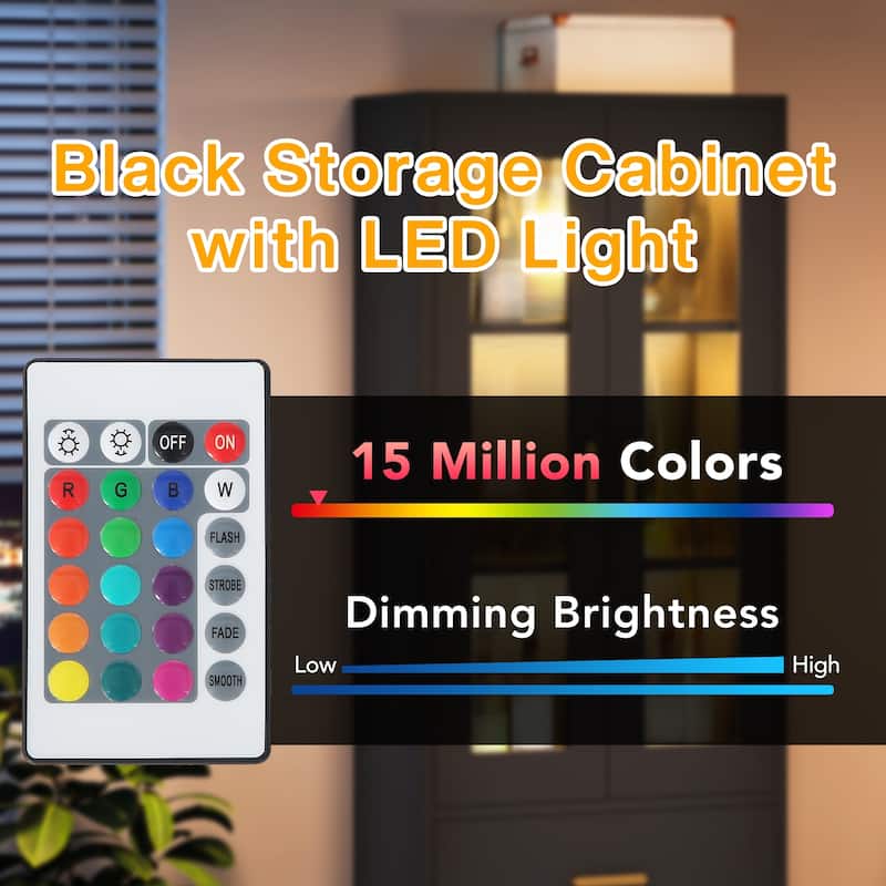 Tall Bookcase Bookshelf with Doors and LED Light