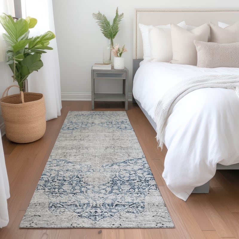 Machine Washable Indoor/ Outdoor Vintage Traditional Chantille Rug - Blue - 2'3" x 7'6"