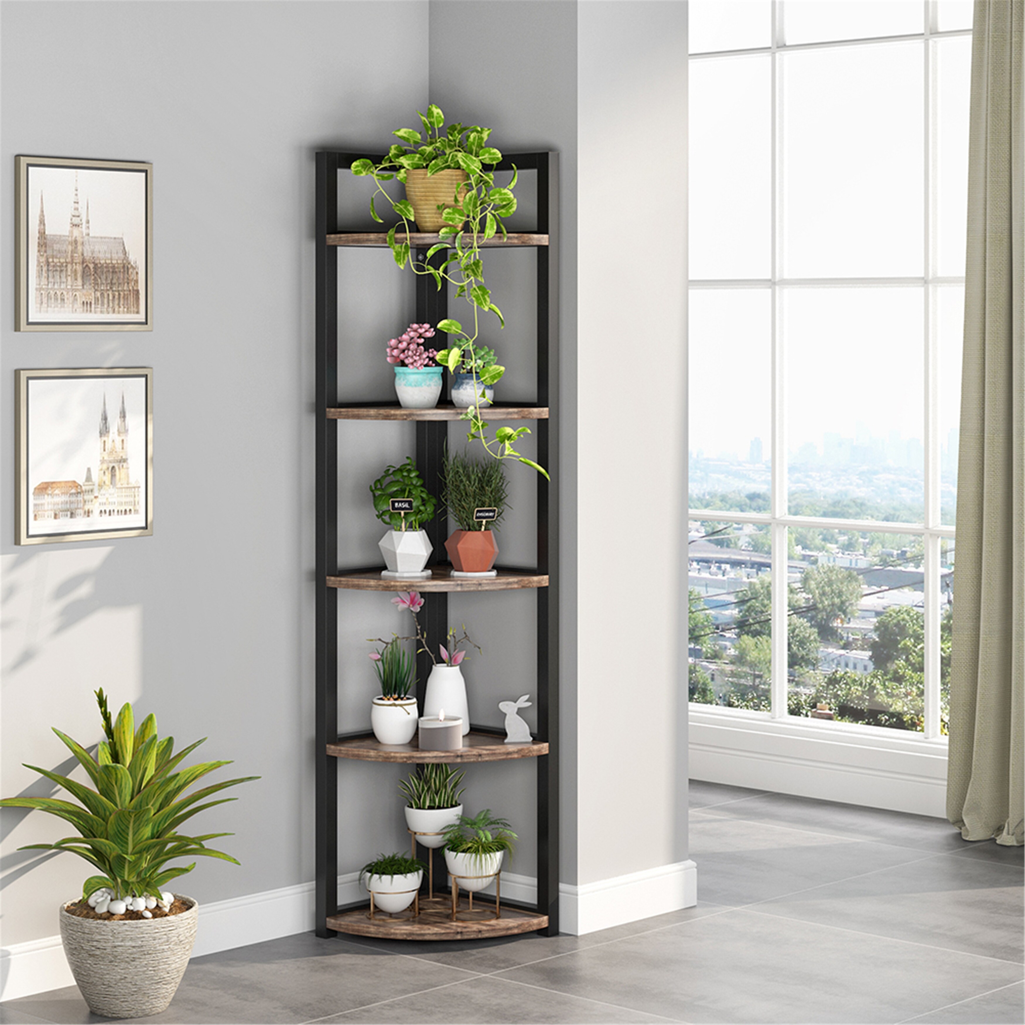 5 Tier Corner Shelf, Rustic Corner Storage Rack Plant Stand