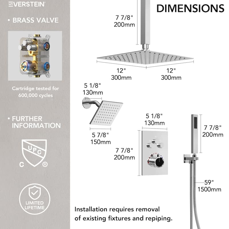 Thermostatic Shower Faucet, 12" High-Pressure Dual Showerheads System with Rough-In Valve