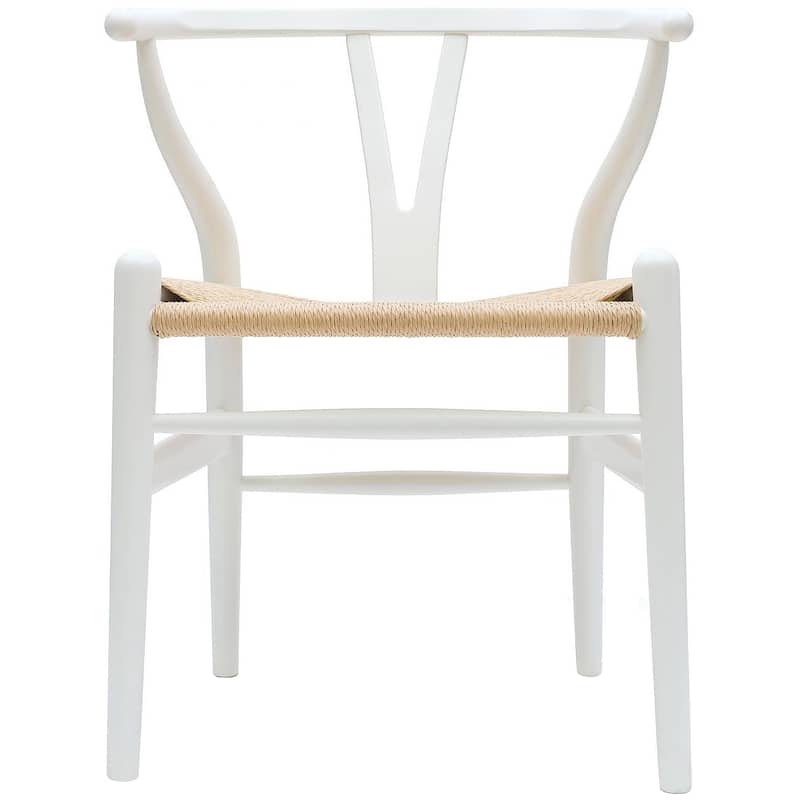 Y Back Wooden Dining Chair with Woven Seat, Farmhouse Style Elbow Chair for Home Kitchen & Office Use, Natural - White