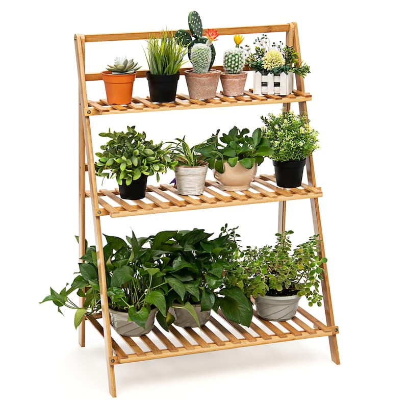Costway Bamboo Ladder Plant Stand 3-Tier Foldable Flower Pot Display - 27.5'' x 15'' x 37.5''