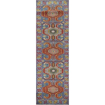 Geometric Blue Kazak Oriental Runner Rug Handmade Wool Carpet - 2'5"x 9'10"