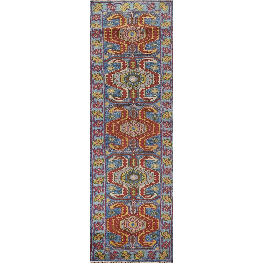 Geometric Blue Kazak Oriental Runner Rug Handmade Wool Carpet - 2'5"x 9'10"