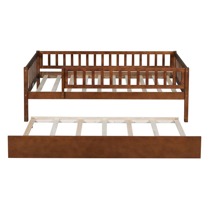 Twin Size Wooden Daybed with Trundle and Fence Guardrails, Space-Saving Design