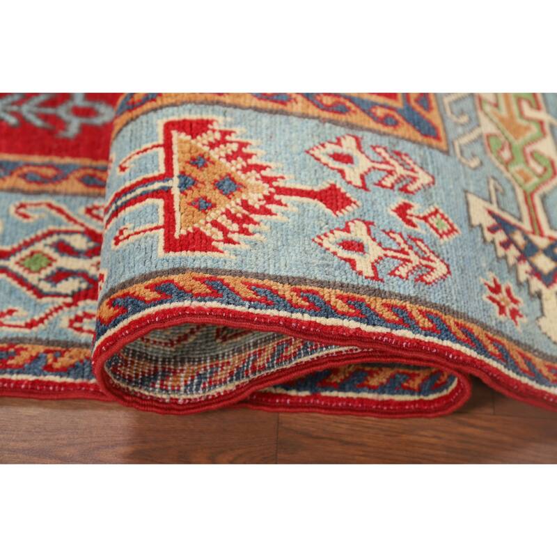Geometric Red Kazak Accent Rug Hand-Knotted Wool Carpet - 3'2" x 4'11"