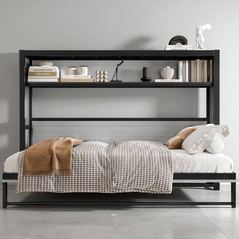 Twin Size Foldable Metal Murphy Bed with Shelf, Wall Mounted Space-Saving Bed Frame with Storage, Black - Grey - Twin