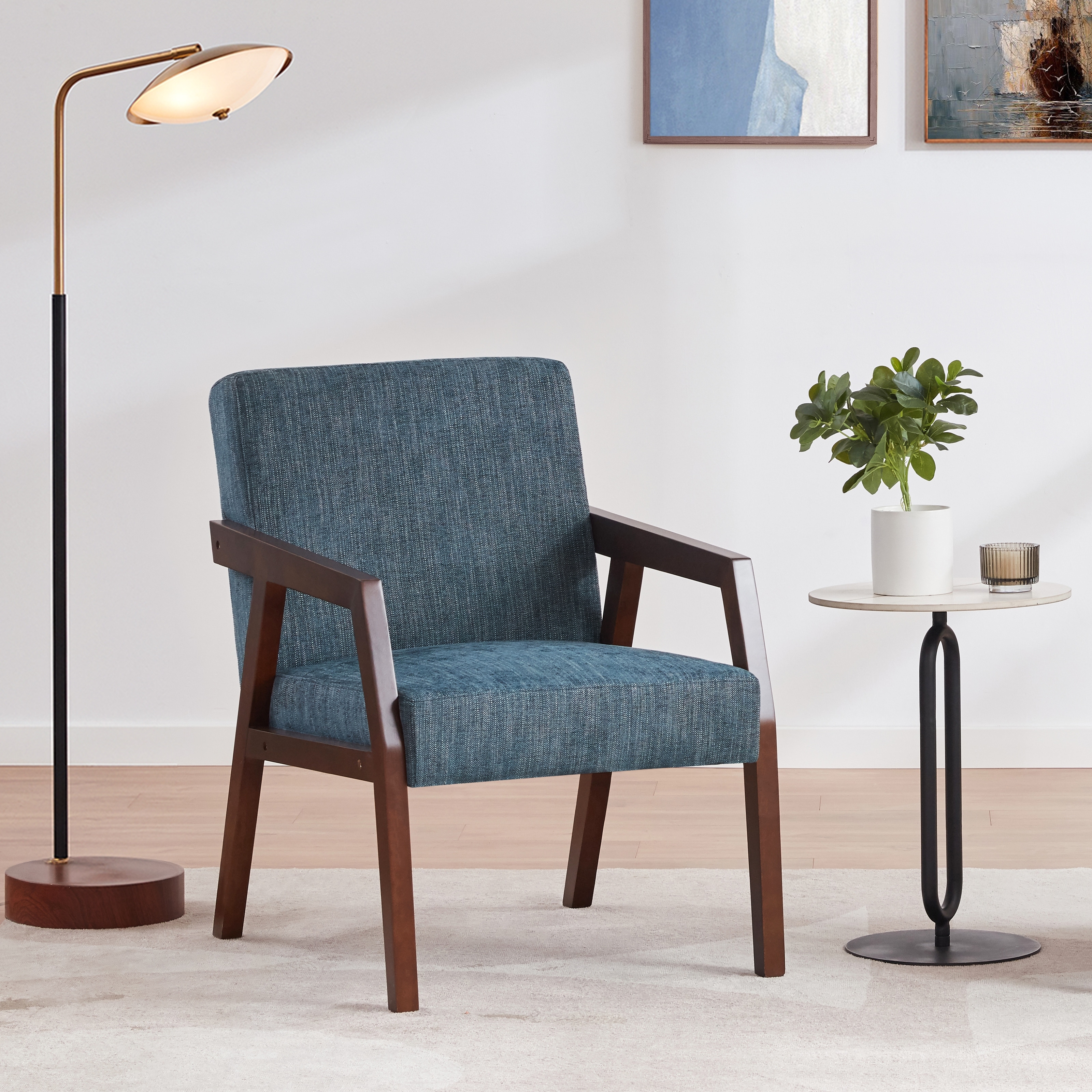 HUIMO Accent Armchair Solid Wooden Brownness White Blue