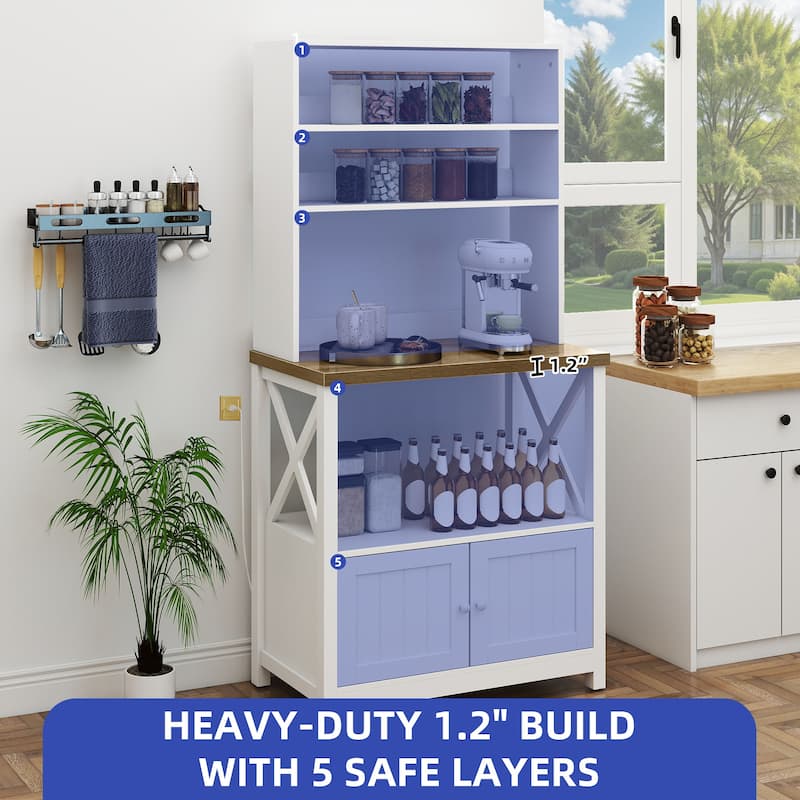Moasis Kitchen Microwave Stand Bakers Rack Coffee Bar with Power Outlet and Storage Shelves