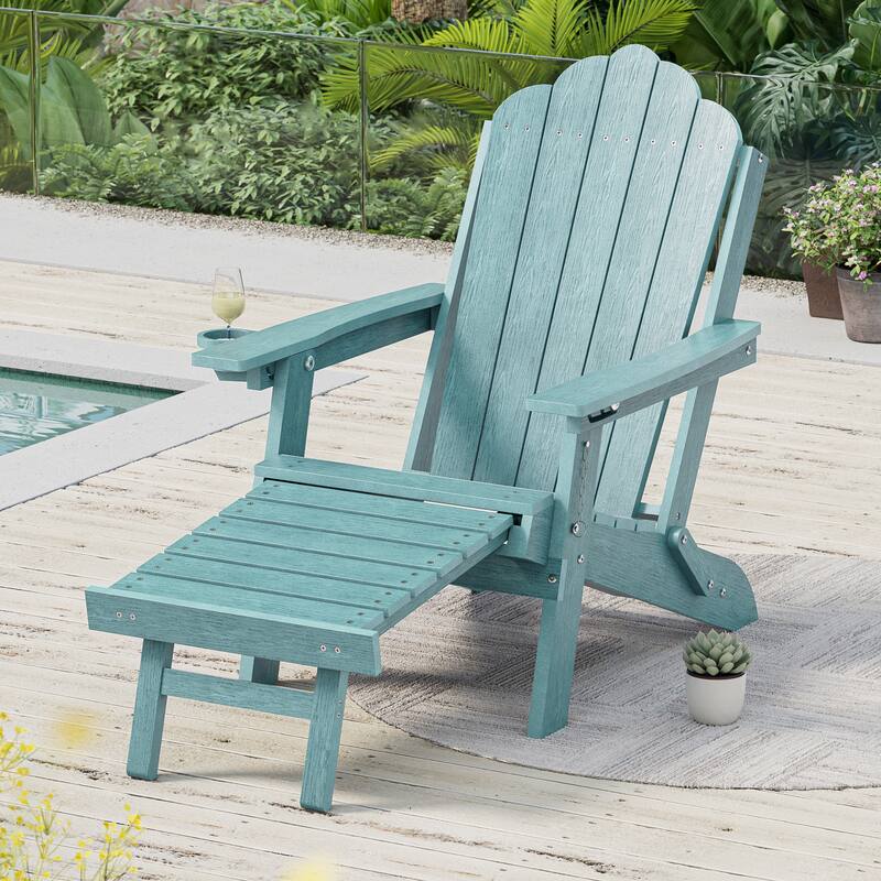 3-Position Adjustable Folding Adirondack Chair W/ Ottoman for Outdoor - 1-Piece - LakeBlue