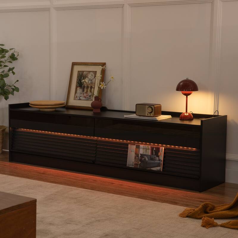 Anmytek Modern TV Stand 4 Drawers Tempered Glass Charging Ports LED Lighting Living Room Media Console