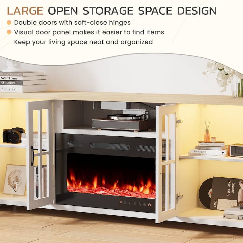 EROMMY 78"/ 97" Fireplace TV Stand with Electric Fireplace, Farmhouse Media Console with LED Lights, Glass Doors
