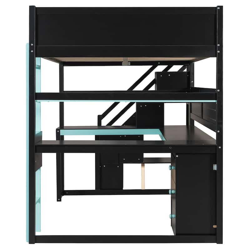 Gaming Loft Bed with Storage Stairs & Desk, Video Game Bed Wood Loft Bed Frame with Pegboard for Teens