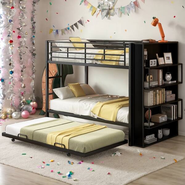 slide 2 of 12, Metal Twin Size Metal Loft Bed Bunk Bed with Drawers,big bookshelf Black