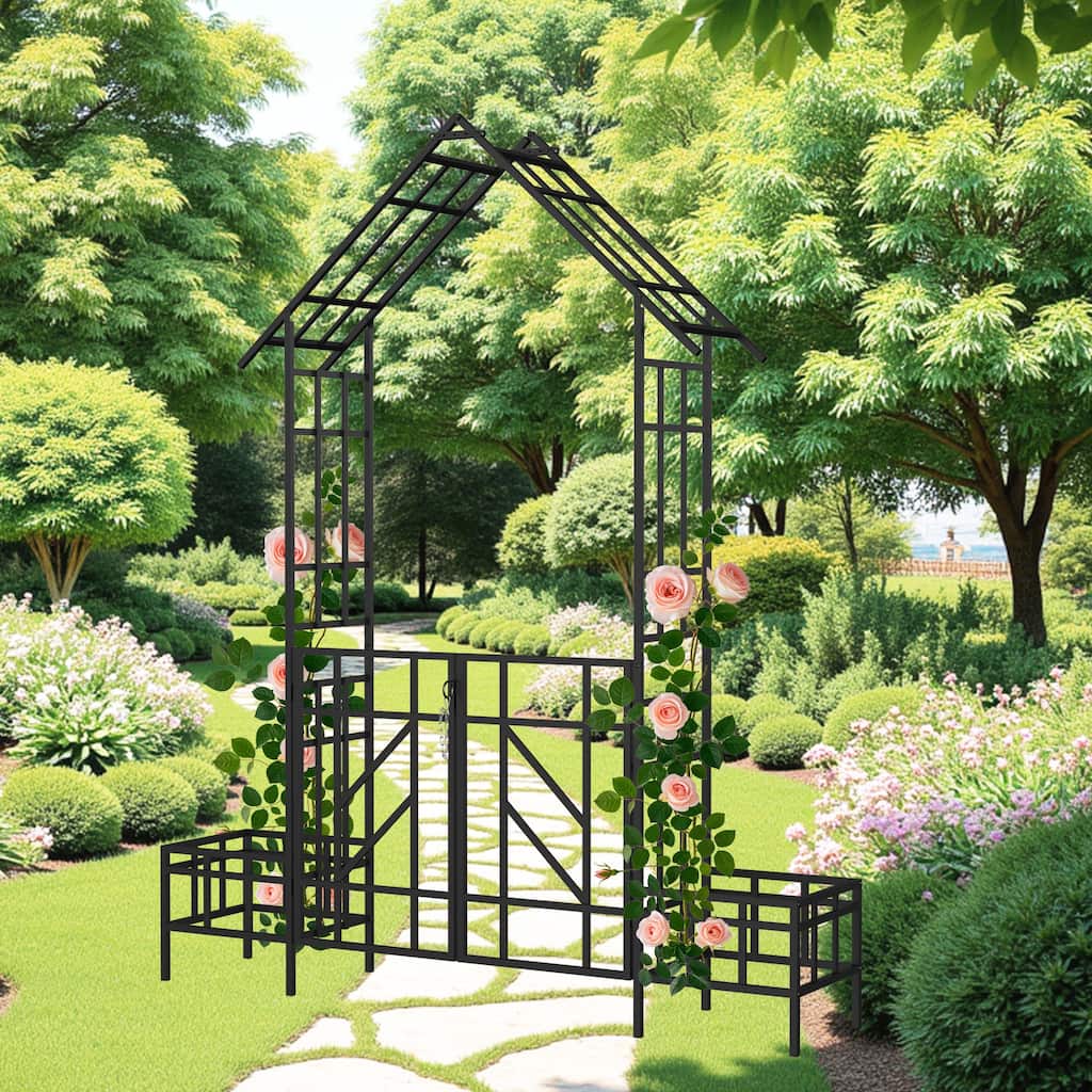 Metal Garden Arch with Gate with planter W80.71*H97.24 Climbing Plants Support Rose Arch Outdoor