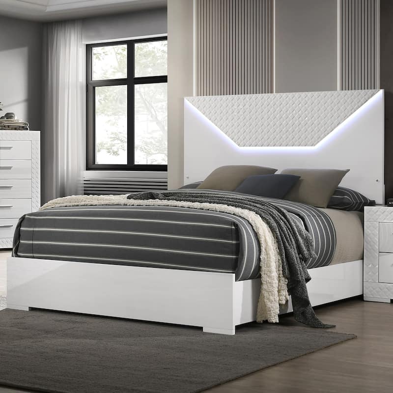 Furniture of America Zollan Glam Glossy White Panel Bed with LED on Headboard