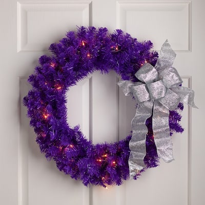 Pre-Lit Artificial Pine Christmas Wreath - 24" - Purple - Clear Lights
