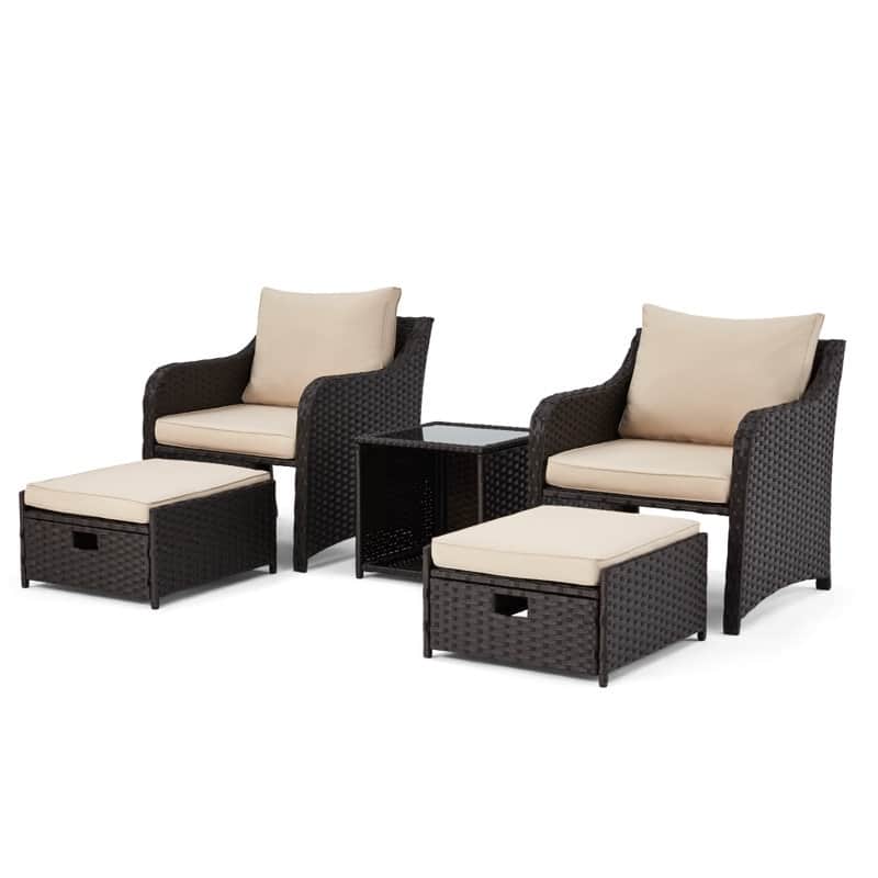 EROMMY 5-Piece Wicker Patio Furniture Set with Cushions - Rattan Chairs, Ottoman & Side Table for Balcony, Outdoor Lounge Set