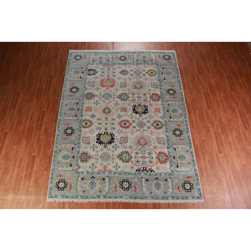 All-Over Geometric Oushak Indian Area Rug Hand-Knotted Wool Carpet - 9'0" x 11'11"