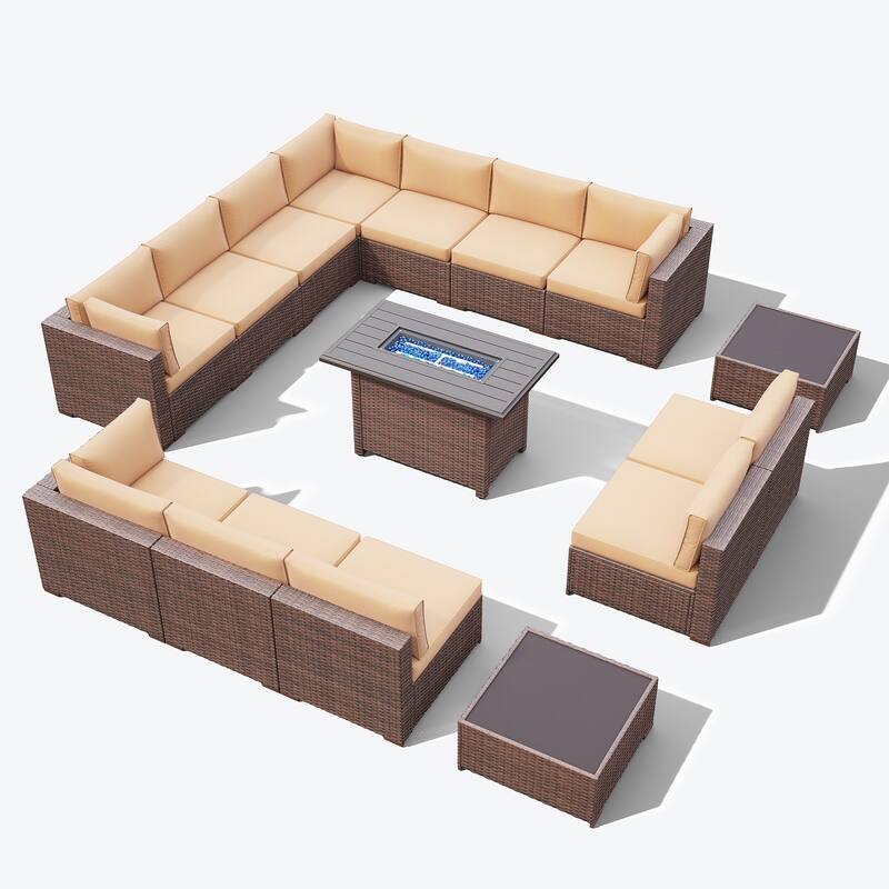 15 Piece Wicker Set Patio Sofa Furniture with Fire Pit And Table