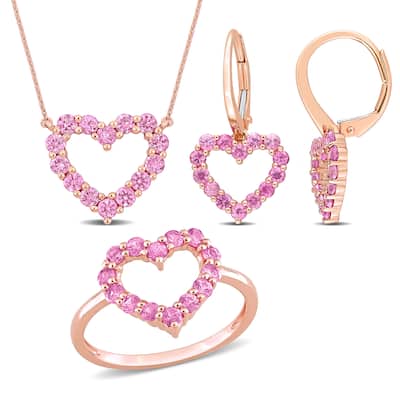 Miadora 3 1/5ct TGW Pink Sapphire 3-Piece Jewelry Set - Heart Necklace Earrings Ring 10k Rose Gold