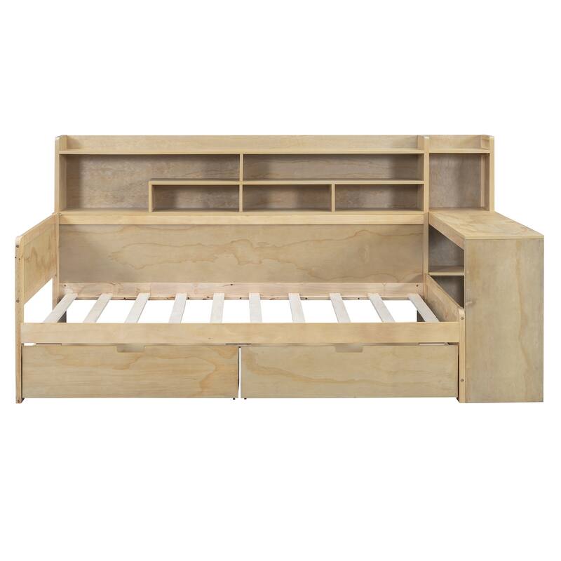 Wooden Daybed with Storage Shelves, Multi-functional Bed with Two Storage Drawers and Study Desk - Natural