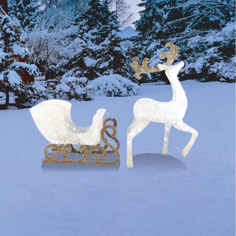 Joyfy Reindeer and Sleigh Christmas Decoration, 180 LED Lighted Outdoor Xmas Decor - White, Gold