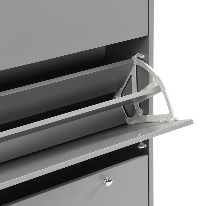 Sleek Narrow Shoe Cabinet with Adjustable Shelves & 3 Flip Drawers, Wood Grain Finish for Entryway Storage