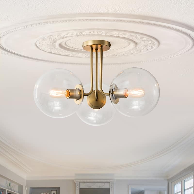 3 - Light 22'' Modern Sputnik Globe Glass Semi Flush Mount Light - Gold/Clear Glass
