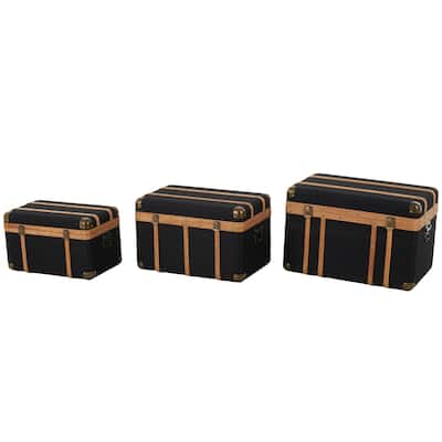 Fabric Decorative Trunk with Brass Metal Latches and Brown Wooden Accents - Set of 3 Black - Roche River Decor