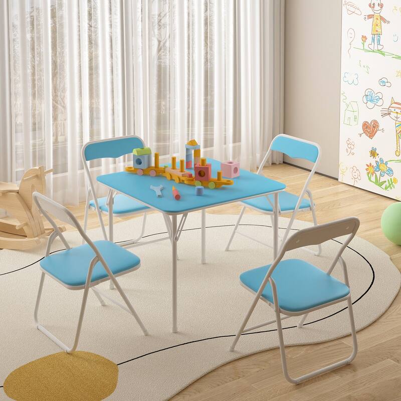 VECELO 5 Pcs Kids Folding Activity Table and Chairs Set, Portable, with Ultra Soft PU Padded Cushion, Matte Black - Blue