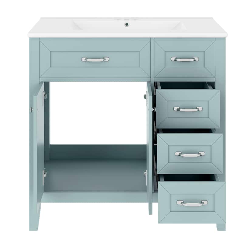 36" Bathroom Vanity w/ Sink, Lager Cabinet, 3 Drawers & Metal Handles