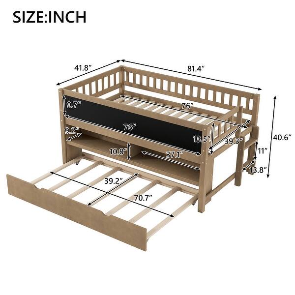 dimension image slide 0 of 2, Twin Size Loft Bed, Wood Low Loft Bed with Storage Shelves, Blackboard, Trundle and Ladder Wooden Bed Frame No Box Spring Needed