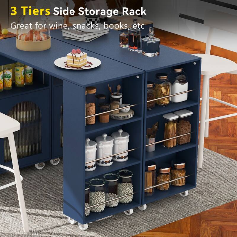 33 in. W Kitchen Island Rubberwood Top on 8 Wheels With Extended Table, LED Lights, Power Outlets