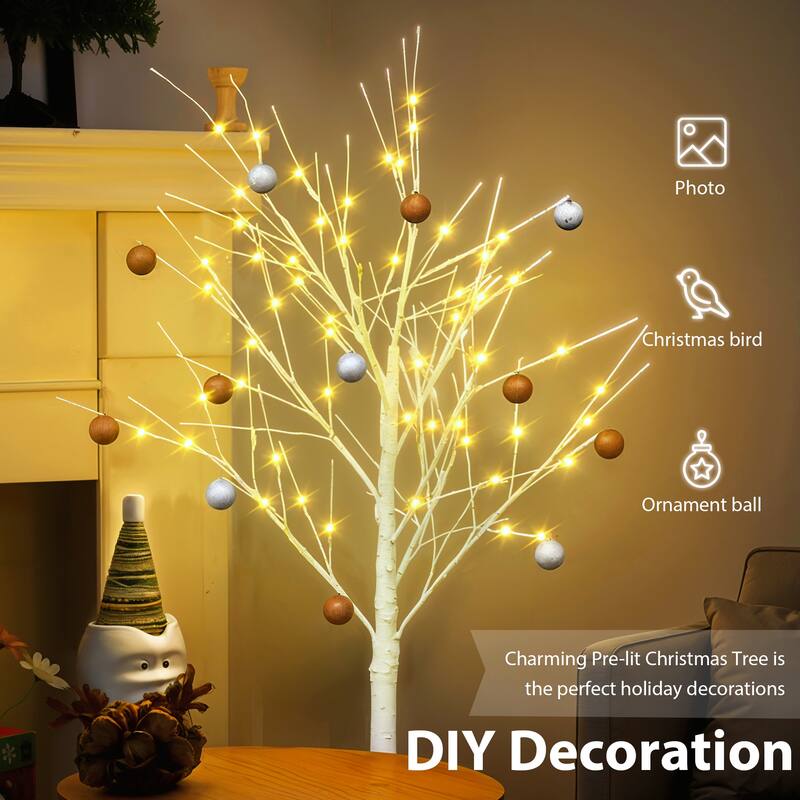 Set of Lighted Birch Tree, 4FT 48 LED/5FT 72 LED/6FT 96 LED Artificial Tree with Warm White Lights