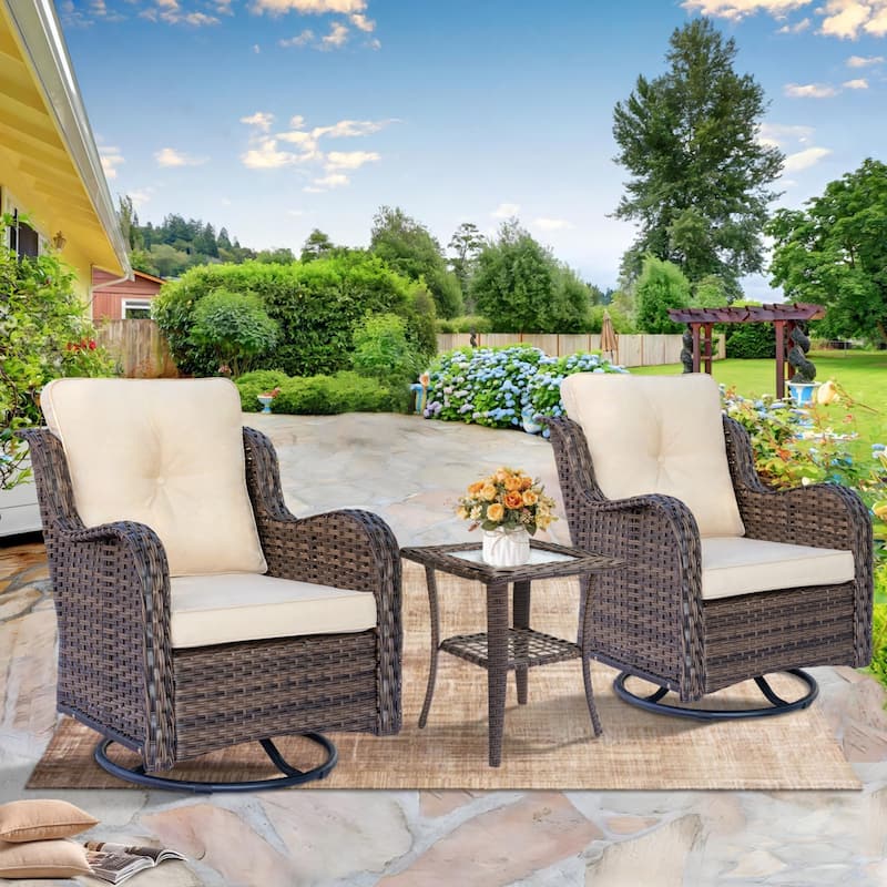 Outdoor Patio Furniture Set-Wicker Patio Conversation Swivel Chair Set - 3 Piece - Cream/Brown Wicker