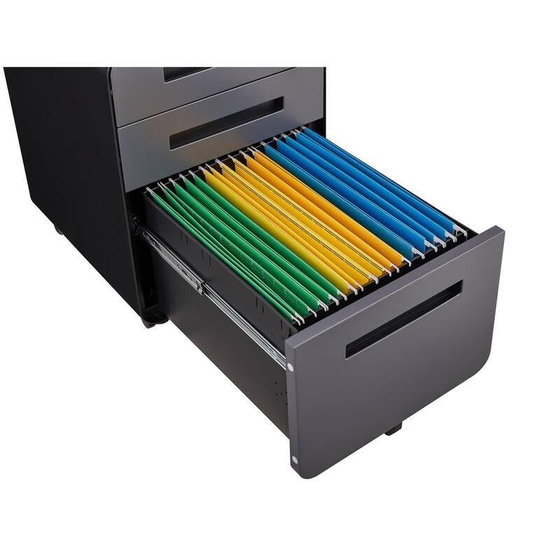 3-Drawer Locking Mobile File Cabinet with Wheels, Metal Home Office Storage Cabinet with Pencil Tray & Hanging Bars