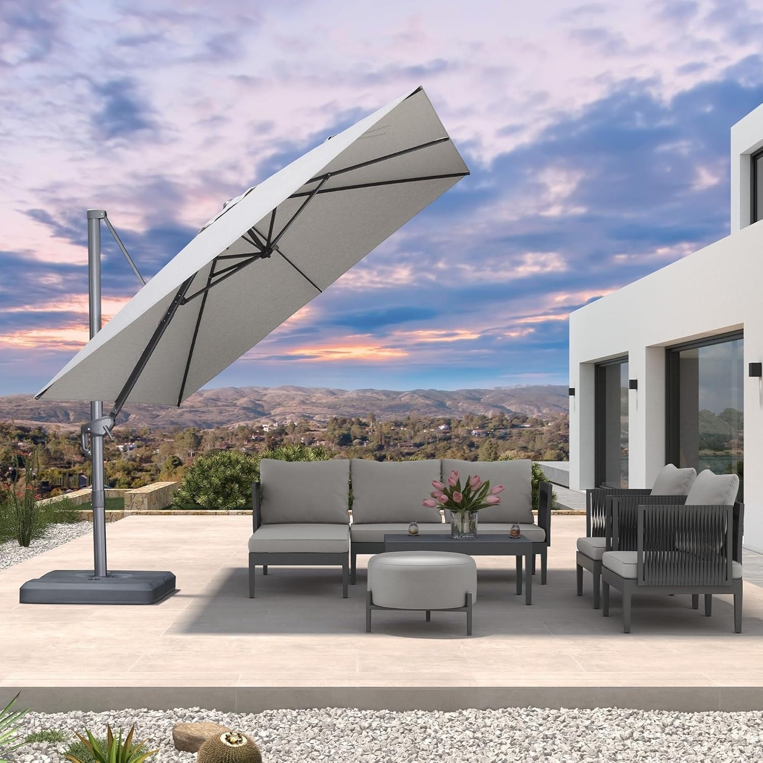 cantilever patio umbrella wind resistant Best Choice Products 10ft Square Woodgrain Pattern 2-Tier Outdoor Solar LED w/ Base SDP Fabric Bambrella Hurricane Side Wind Aluminum