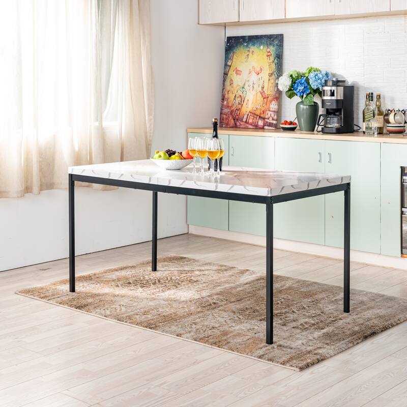 Homy Casa Modern Dining Office Table, 59in Rectangular Wood Top, Black Legs - White Marble