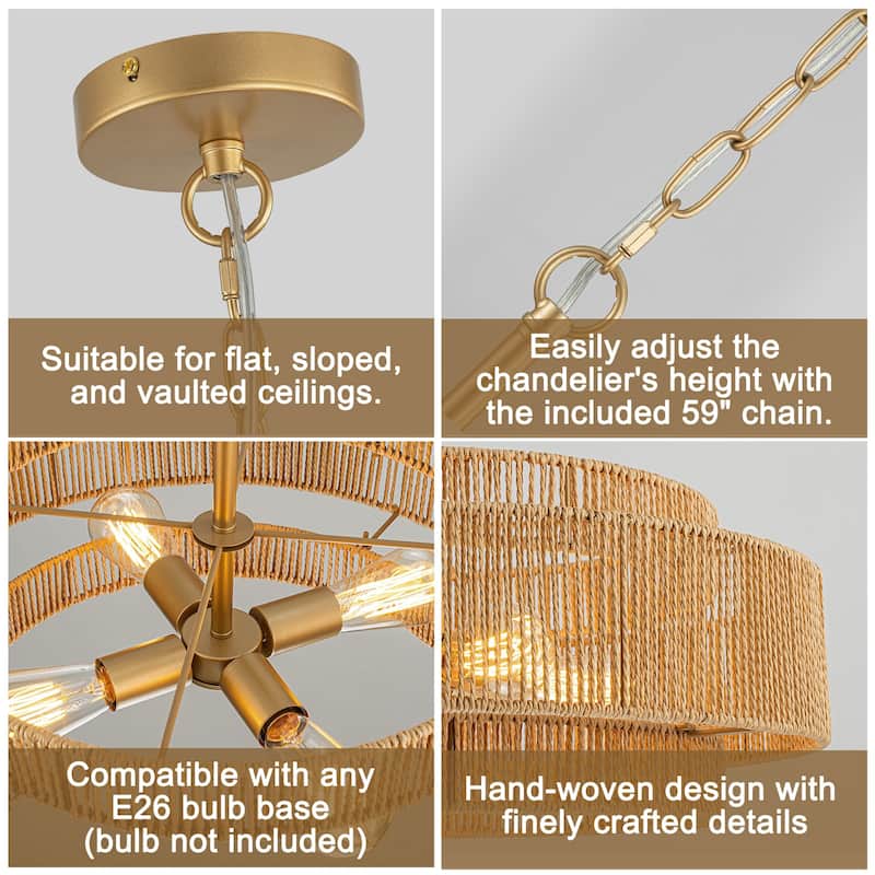 Starsky 4-Light 23inch Rattan Tiered Bohemian Light Fixture Drum Chandelier