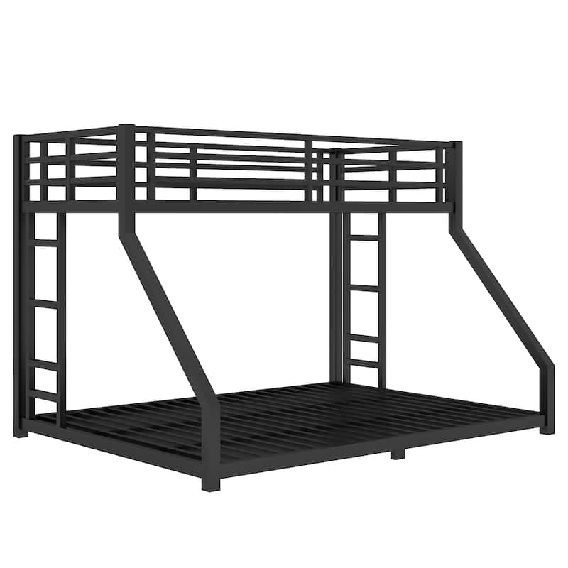 Metal Floor Bed Frame Twin XL Over Queen Bunk Bed for Teens and Adults with 2 Side Ladders and Safety Guardrails