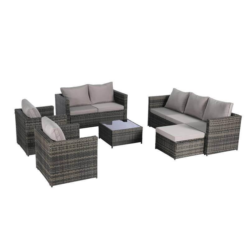 6-Piece Rattan Sectional Sofa Set with Glass Table & Armchairs
