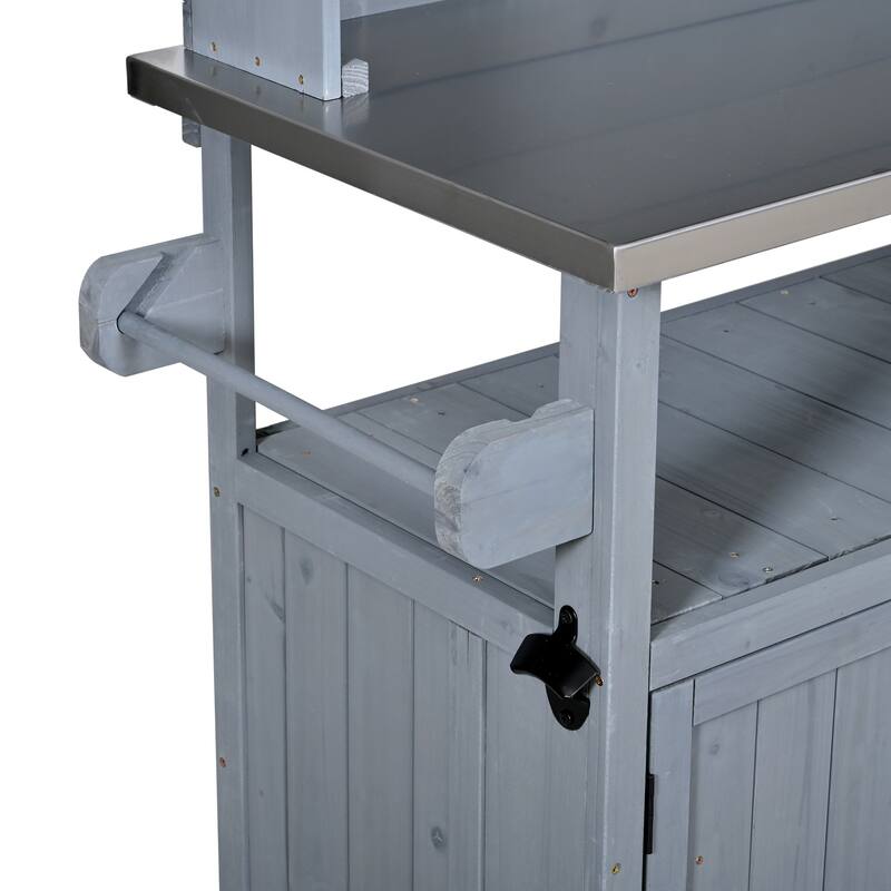 65" Outdoor Potting Bench with Stainless Steel Top, Rolling Garden Workstation with Hutch & Storage