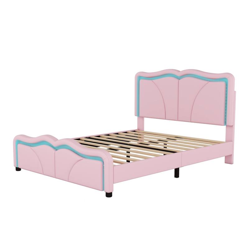 Roomfitters Twin/Full Size Upholstered Platform Bed with LED Light Headboard and Footboard, Wave Shaped Padded Frame, Pink