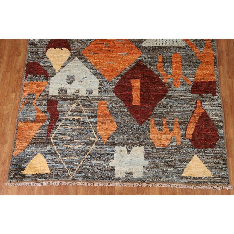 Hand Knotted Oriental 100% Wool Carpet Modern Tribal Greys & Charcoal Moroccan Area Rug - 10' 0'' X 6' 11''